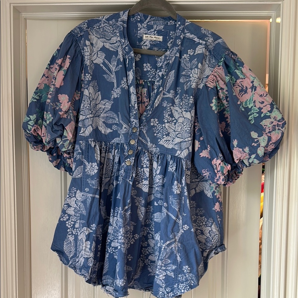Floral Blue Blouse with Puff Sleeves